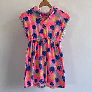 Y2K Betsey Johnson Neon Tropical Floral Terry Dress Hooded Beach Cover Up Sz S